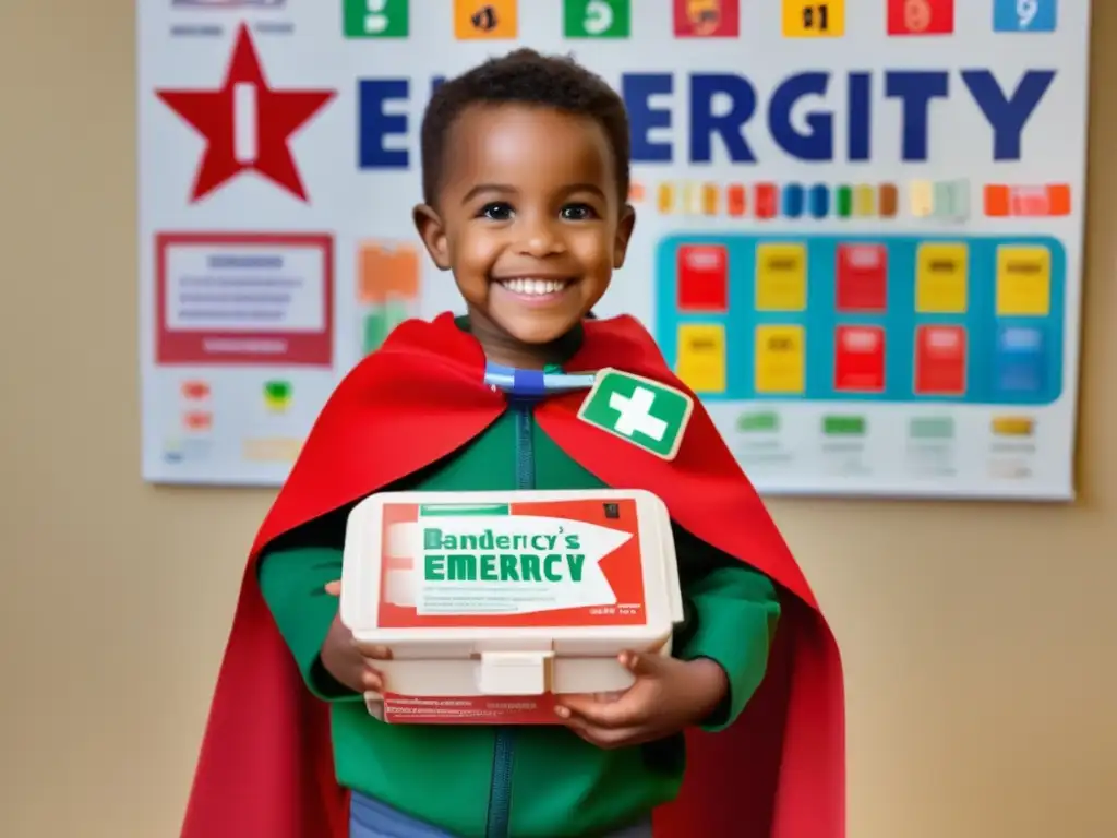 Niño sonriente con kit de primeros auxilios y elementos coloridos, mostrando preparación y confianza en situaciones de emergencia