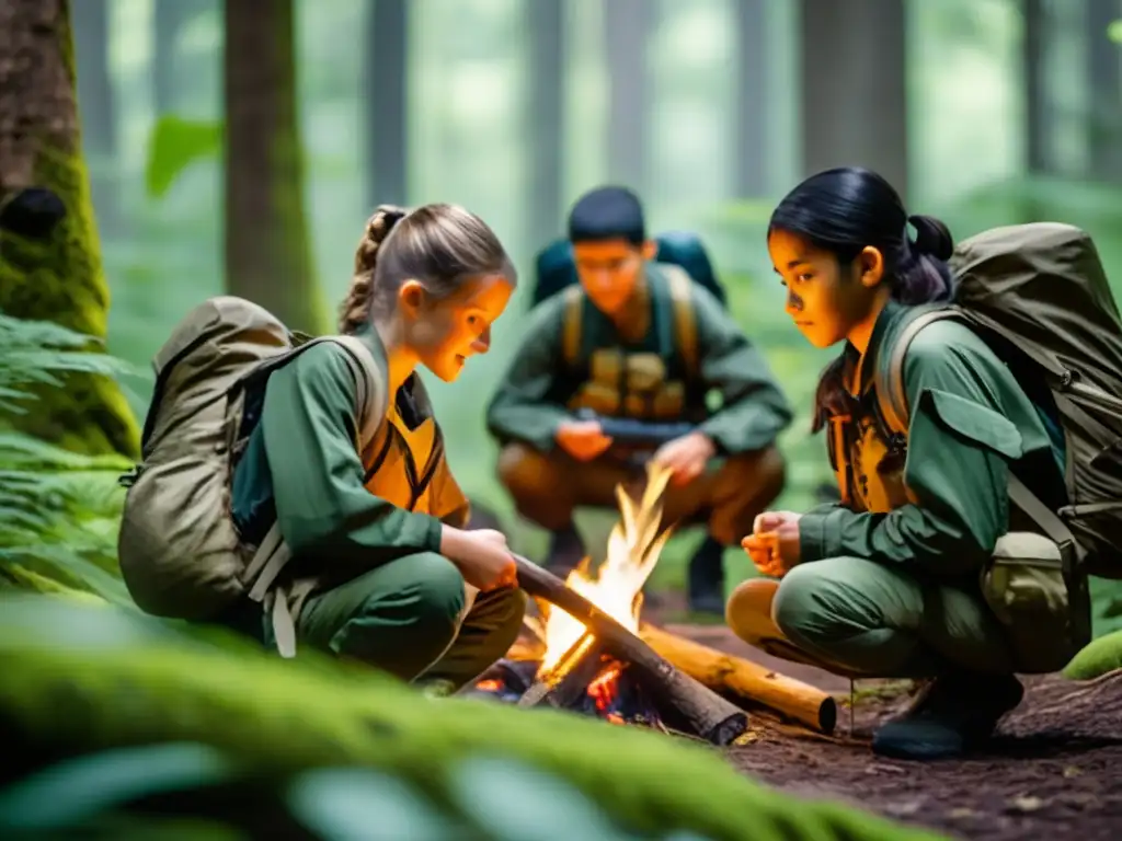 Curso de supervivencia para niños en un bosque exuberante