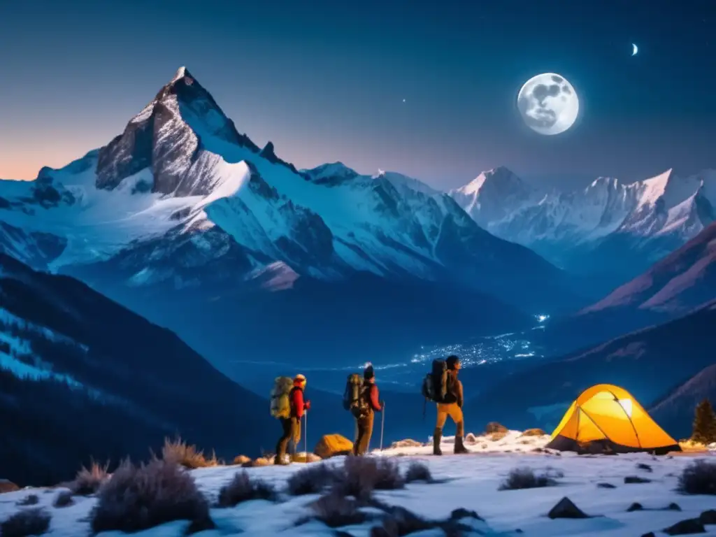 Técnicas de orientación nocturna para preppers: Montañas nevadas, pico jagged y luna llena iluminan la escena nocturna