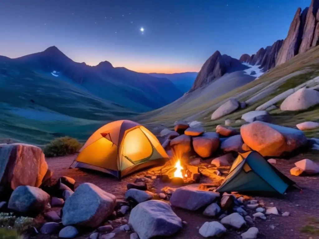 Paisaje montañoso al anochecer con campamento, fogata y aventureros - Preparación para emergencias y supervivencia