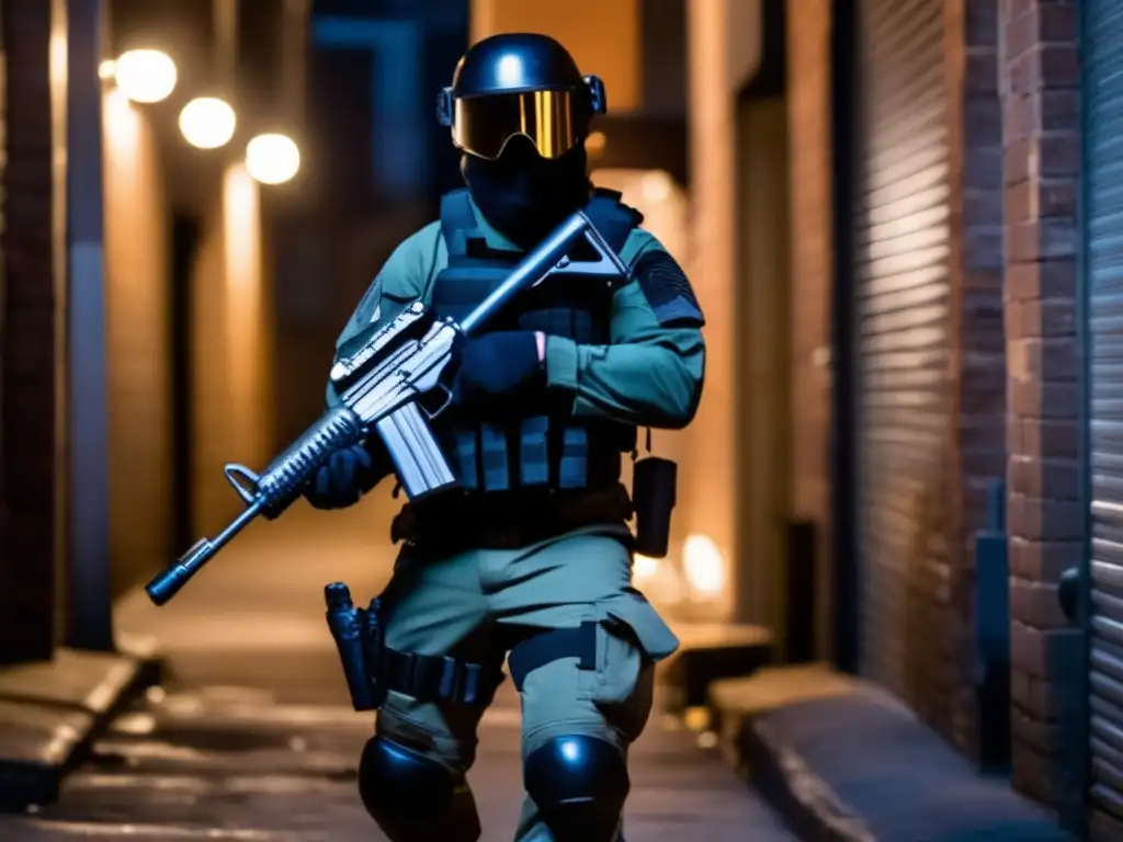 Técnicas defensa personal nocturna preppers: persona en callejón oscuro, vestida tácticamente, con arma no letal en mano, preparada para defenderse