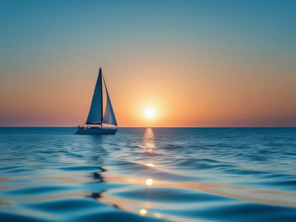 Fotografía 8k de océano abierto con cielo azul, sol radiante y velero navegando