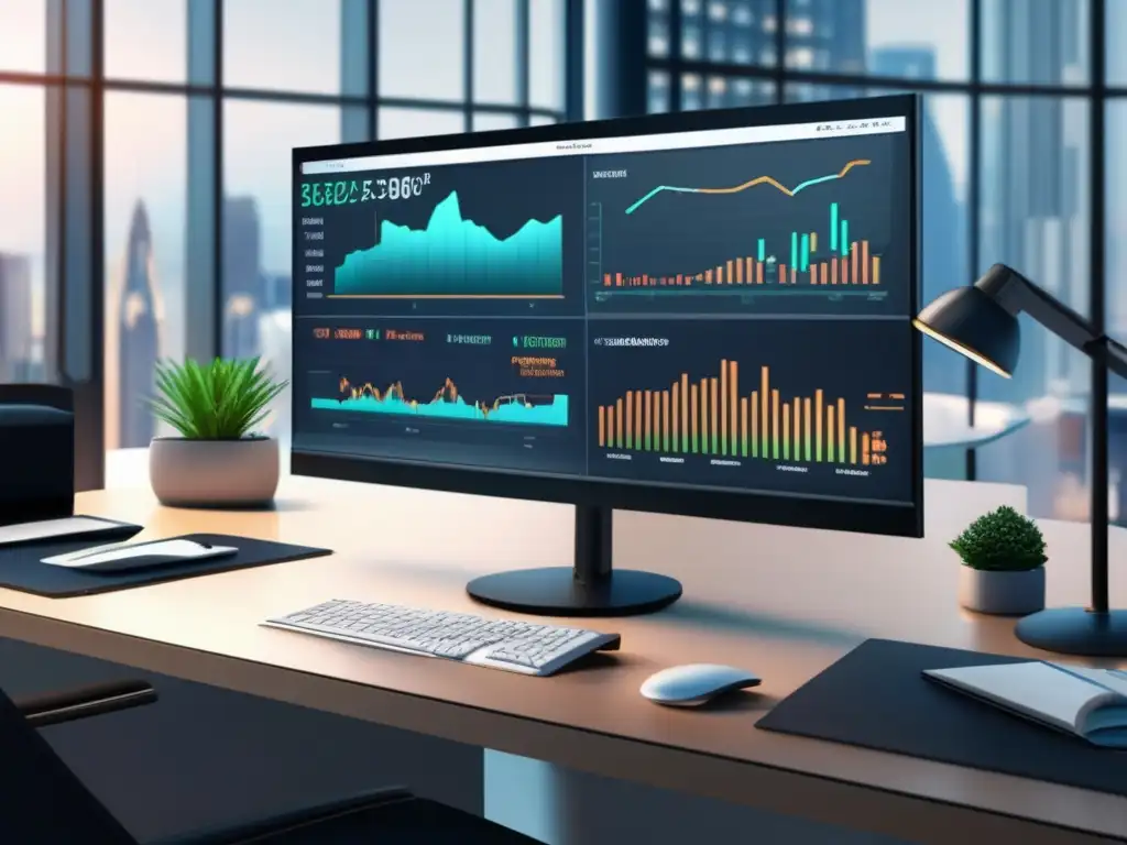 Oficina moderna con escritorio organizado y profesionales negociando Ejercicios resiliencia financiera preparacionismo en una oficina contemporánea con escritorio, documentos financieros y profesionales negociando
