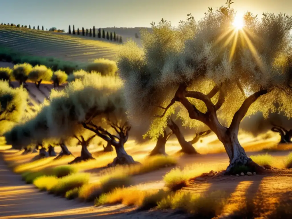 Una hermosa imagen de un olivar bañado por la luz dorada del sol