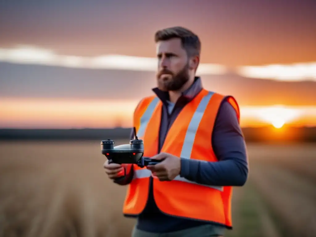 Operador de dron profesional evaluando emergencia al atardecer