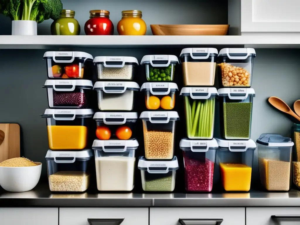 Alimentos para bebés en emergencia: cocina moderna con contenedores organizados de comida preparada con variedad de alimentos y colores vibrantes