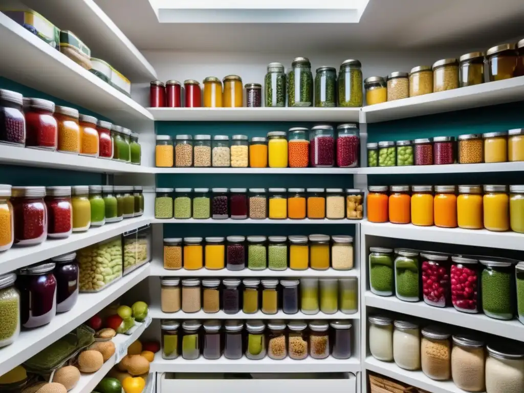 Pantry bien organizada con conservas de frutas y verduras