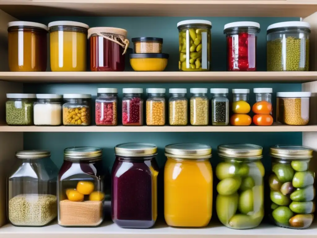 Cocina moderna con despensa organizada y alimentos conservados