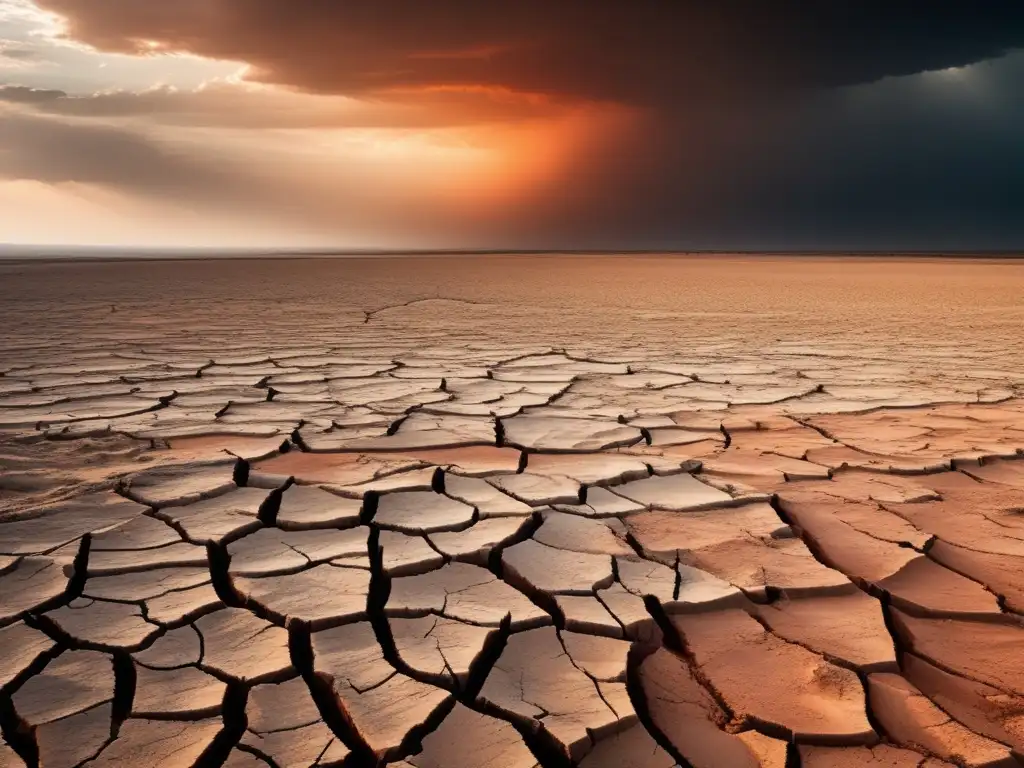 Paisaje estéril y seco que refleja la escasez de recursos naturales, con nubes oscuras y cambio climático