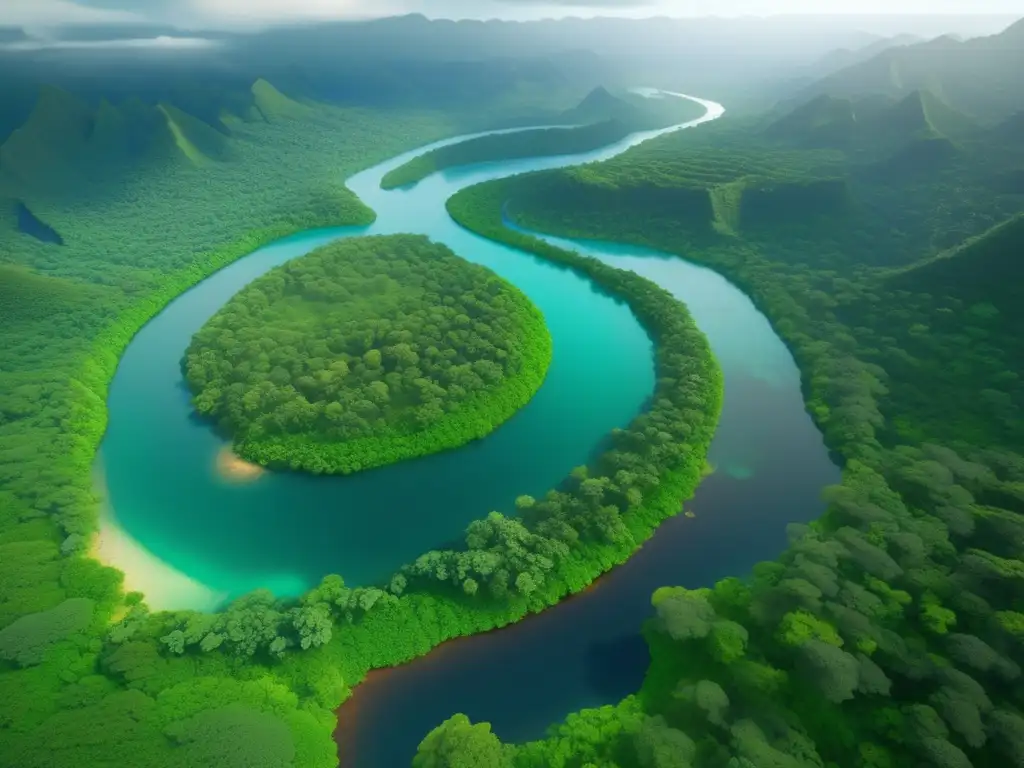 Paisaje asombroso: selva tropical, sabana dorada, montañas nevadas, río serpenteante