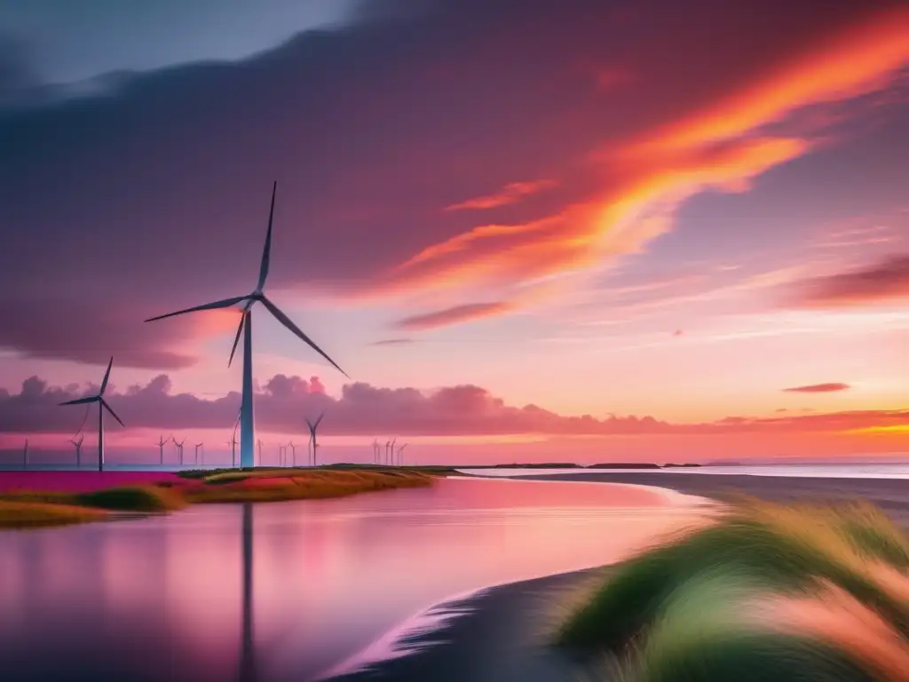 Paisaje costero al atardecer, reflejo en agua tranquila, playa verde con vegetación diversa, turbinas eólicas, urgencia adaptarse cambio climático