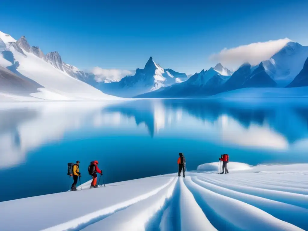 Preparación invierno extremo: paisaje nevado con montañas, lago congelado, expertos en supervivencia en equipo