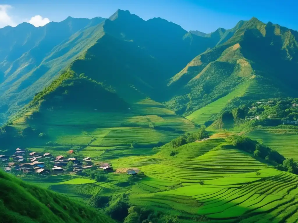 Paisaje montañoso sereno con vegetación exuberante y cielo azul