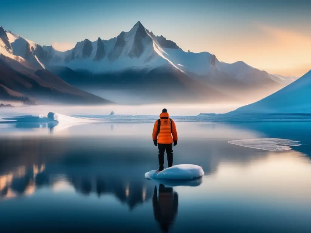 Paisaje nevado con montañas, lago congelado y persona preparada para el frío extremo