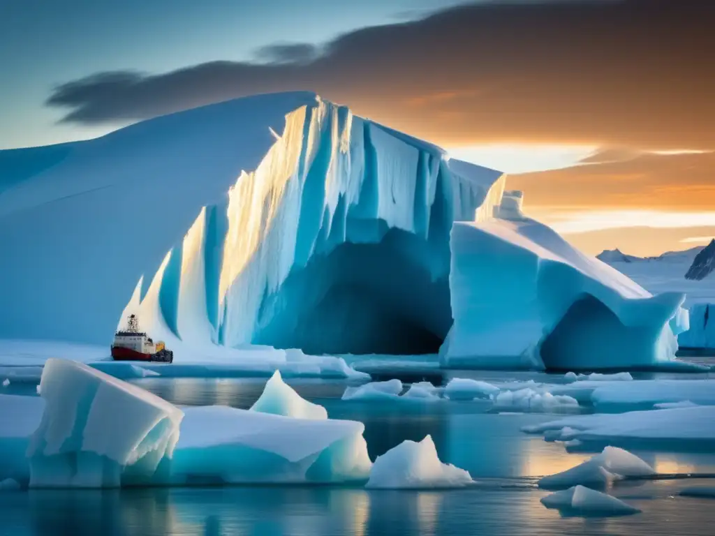 Impacto del deshielo de los polos: paisaje polar con hielo derritiéndose, glaciares, icebergs y acción urgente