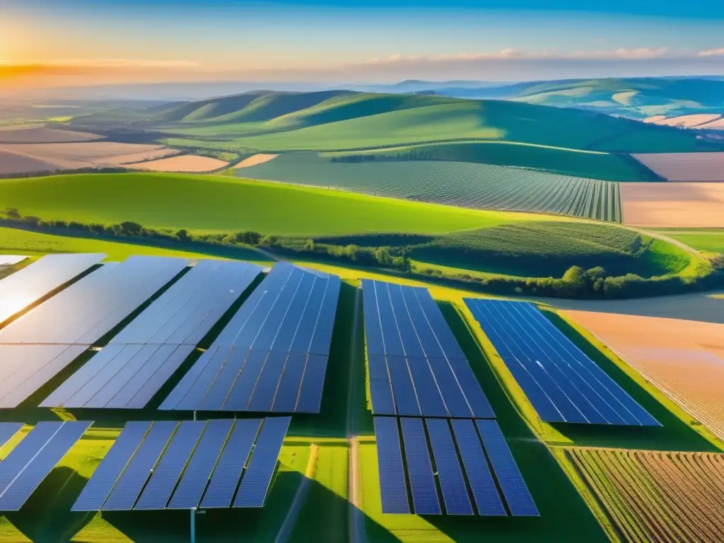 Energía solar en armonía con la naturaleza Fuentes de energía renovable para Preppers: paisaje soleado con colinas verdes, cielo azul claro y granja solar brillante