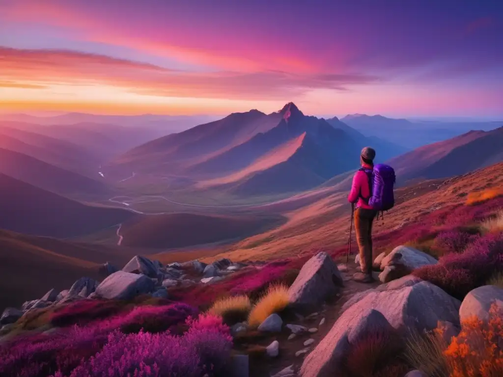 Vista panorámica de montaña al atardecer Ventajas de radio satelital en kit supervivencia, imagen: montaña al atardecer, hiker con mochila y radio satelital