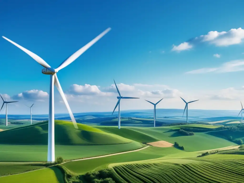 Vista panorámica de paisaje verde con molinos de viento, simbolizando energía renovable y sostenibilidad a largo plazo