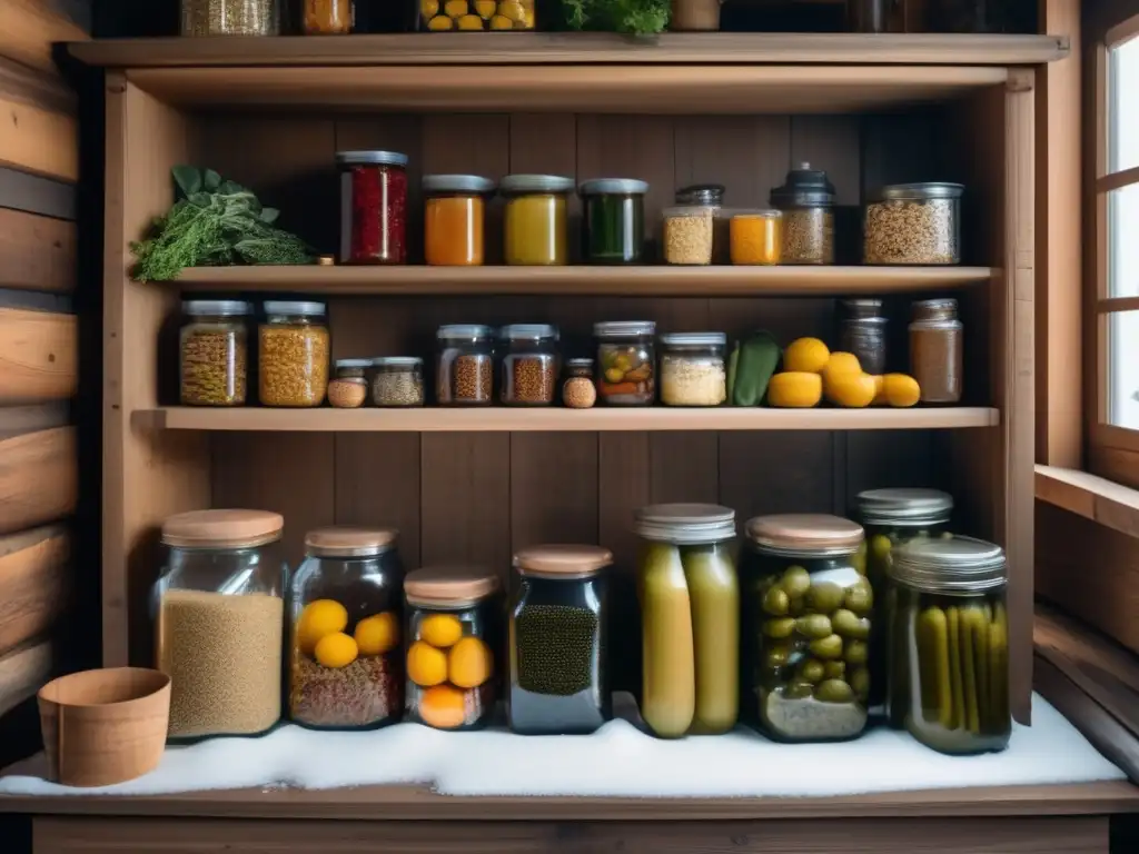 Conservación alimentos climas extremos: despensa de madera resistente en paisaje nevado, con frutas, verduras y productos enlatados