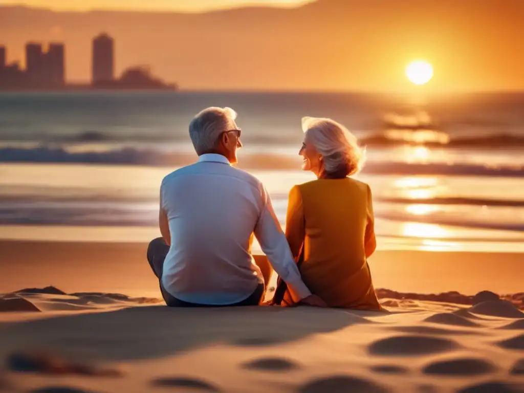 Pareja madura en playa al atardecer, símbolo de preparación financiera para la jubilación