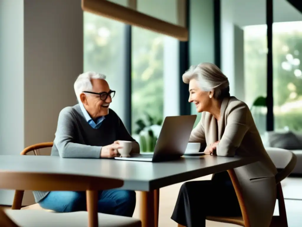 Pareja de ancianos en mesa minimalista, planificando preparación financiera para jubilados