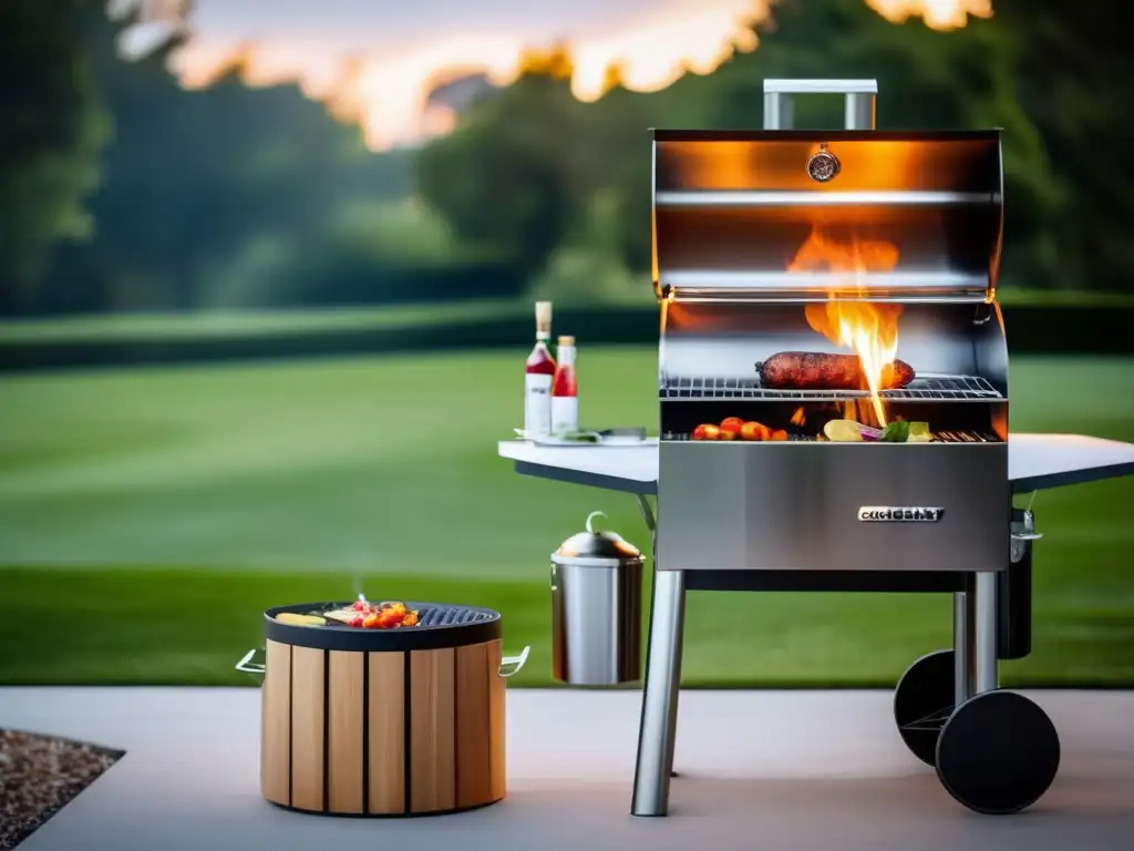 Guía para ahumar alimentos: grill moderno, acero inoxidable, humo aromático, condimentos vibrantes, elegancia en el patio