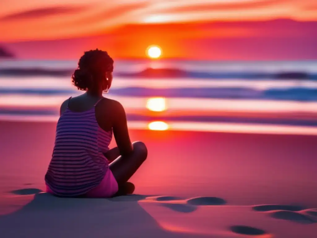 Persona en playa al atardecer, practicando relajación y mindfulness en duelo y supervivencia