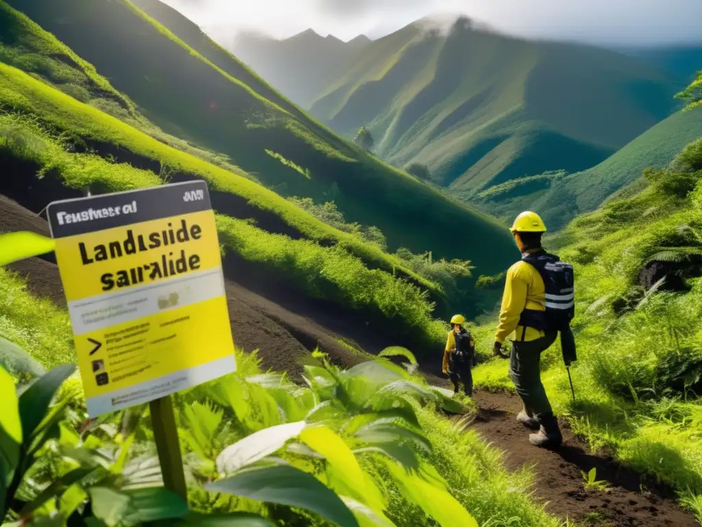 Preparación para deslizamientos de tierra en un paisaje montañoso con vegetación exuberante, señales de advertencia y persona analizando el terreno