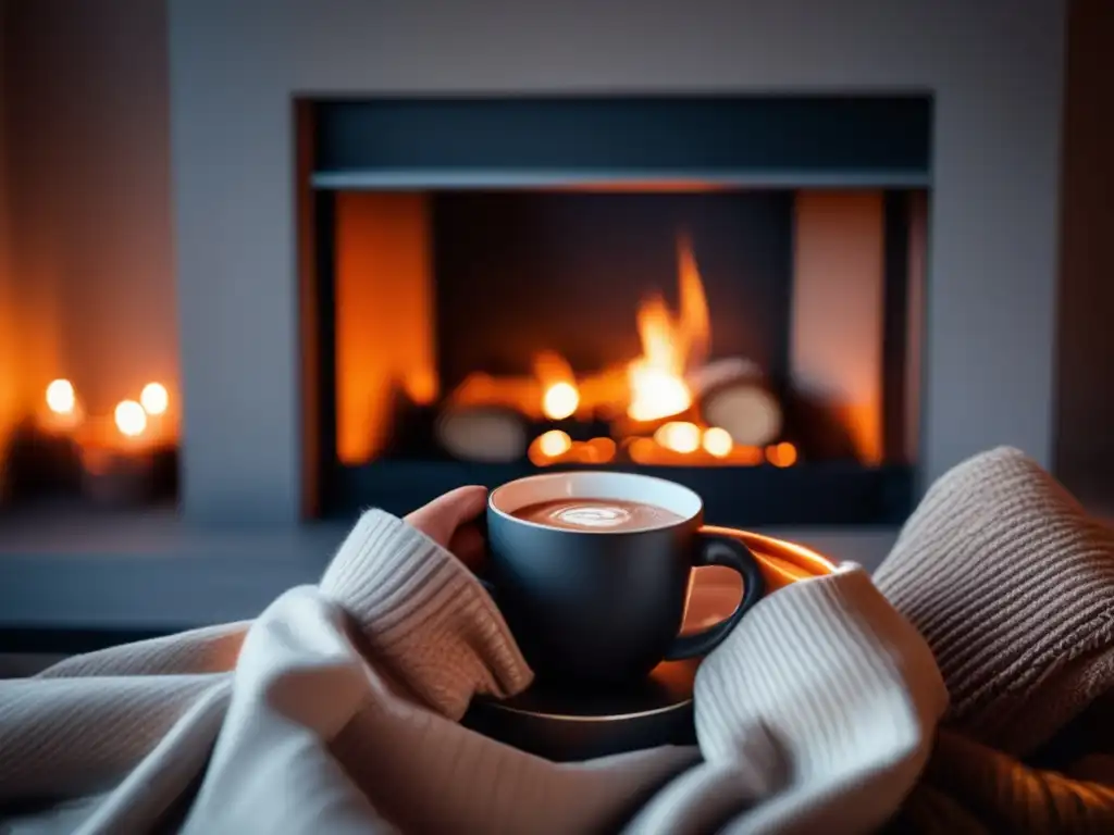 Persona relajada junto a una chimenea, tomando chocolate caliente