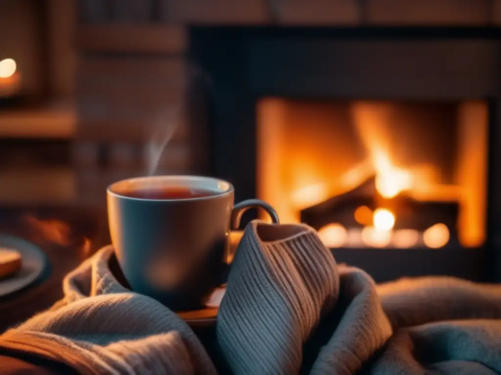 Personaje arropado cerca de la chimenea sosteniendo una taza de té caliente