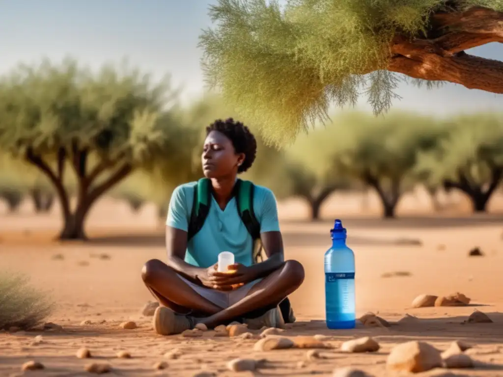 Tratamiento agotamiento calor emergencia: persona sufriendo calor extremo en un desierto, mostrando síntomas y necesidad de hidratación