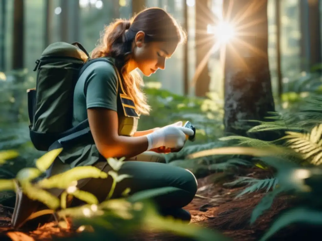 Persona aplicando primeros auxilios en la naturaleza, enfocada y determinada (110 caracteres)