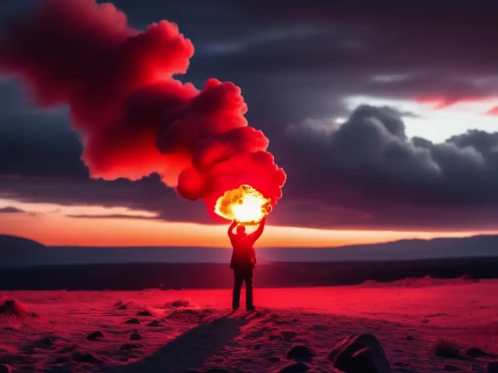 Importancia de la bengala en un kit de supervivencia: persona sosteniendo una bengala roja brillante en un cielo oscuro y dramático