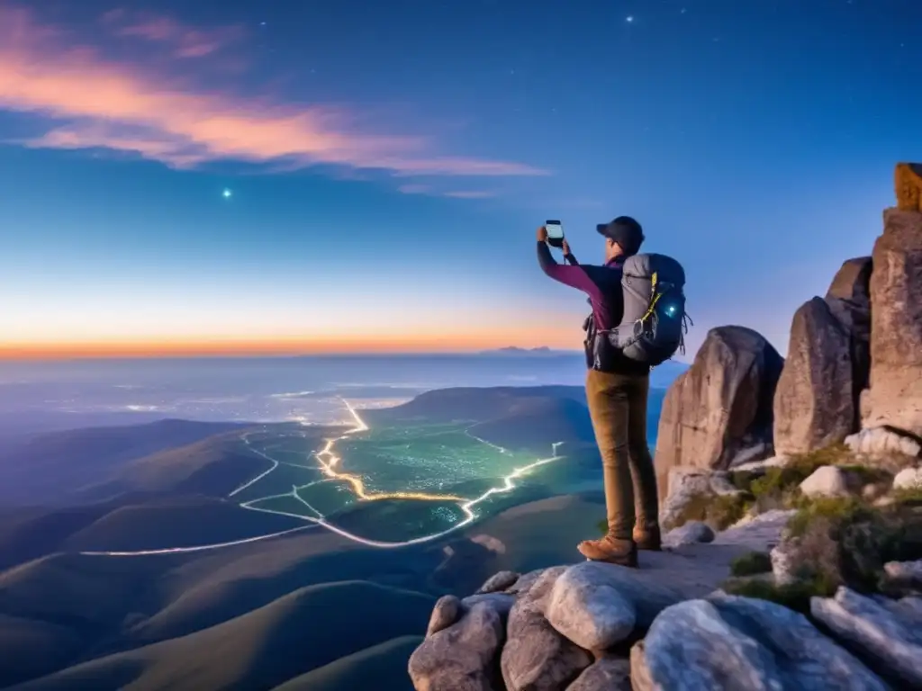 Persona con GPS en mano en un acantilado, mirando un paisaje impresionante