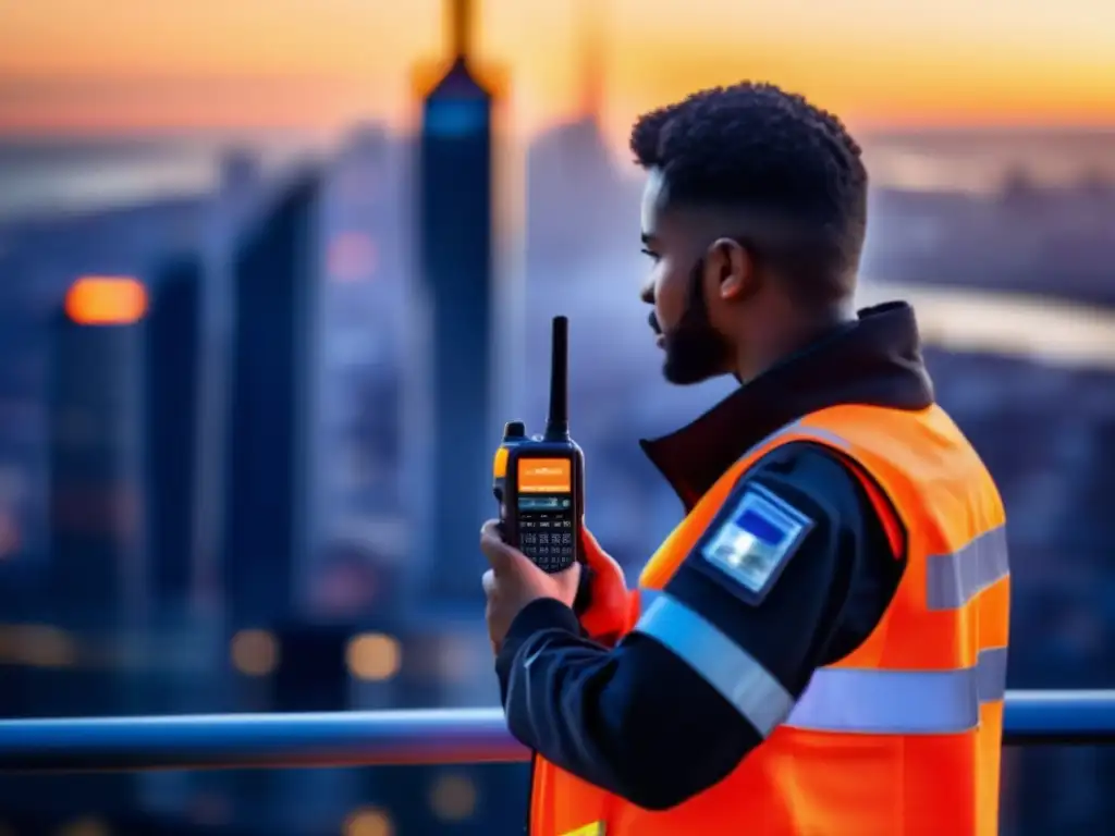 Persona usando walkie talkie en emergencia en la ciudad al atardecer