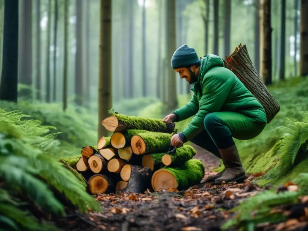 Persona en bosque verde recolectando recursos y gestionando en emergencia (Gestión de recursos en emergencias)