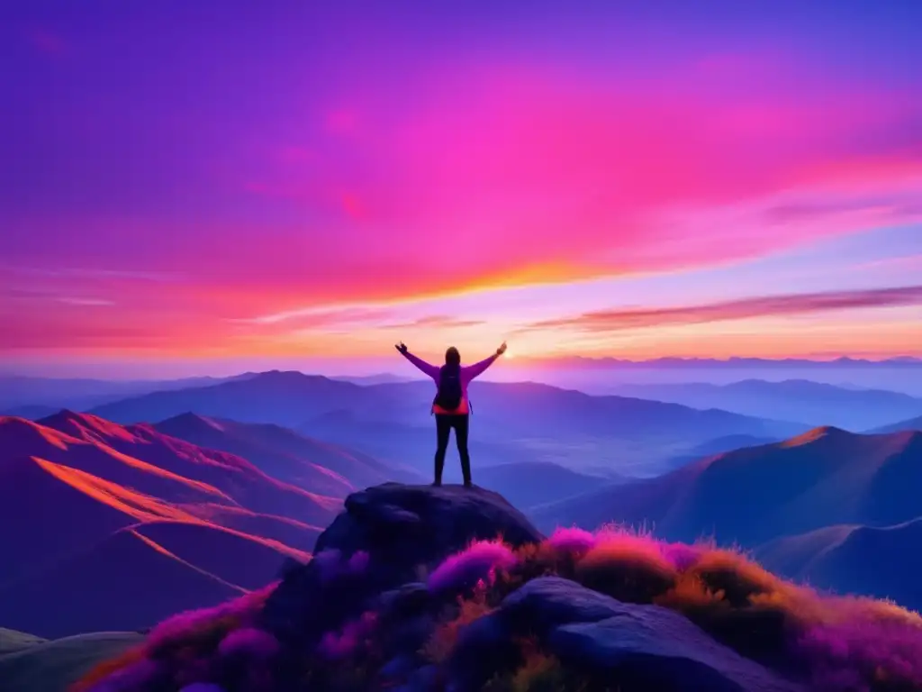 Persona en la cima de una montaña, brazos abiertos, vista panorámica de un atardecer vibrante