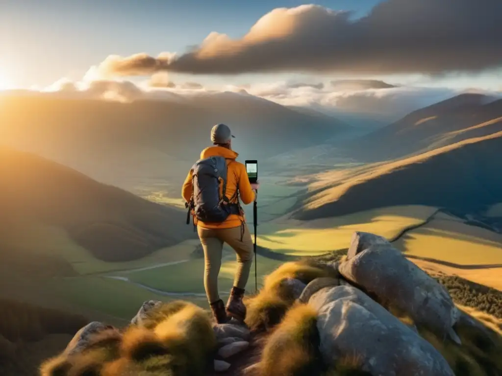 Persona en paisaje montañoso con equipo al aire libre y GPS