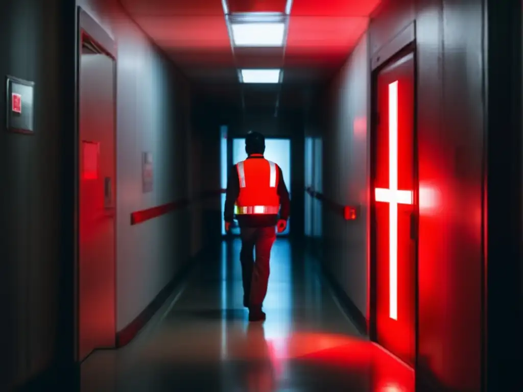 Persona en pasillo oscuro con señales de emergencia, chaleco reflectante y linterna