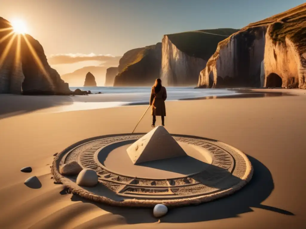 Persona utilizando el sol para orientarse en una playa desierta rodeada de acantilados altos