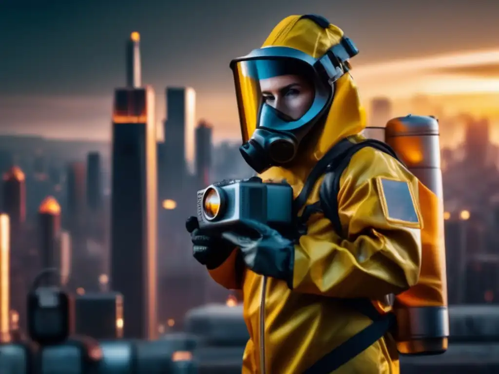 Persona en traje hazmat moderno y ciudad postapocalíptica