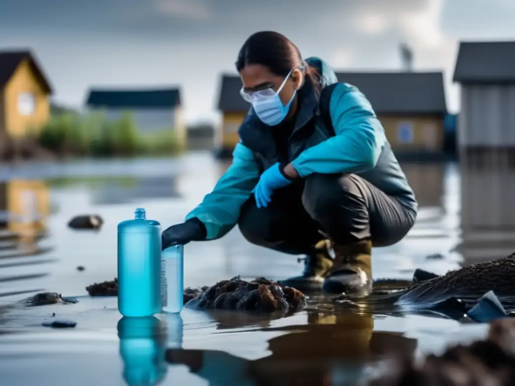 Persona evaluando seguridad de agua en inundación, usando guantes y mascarilla