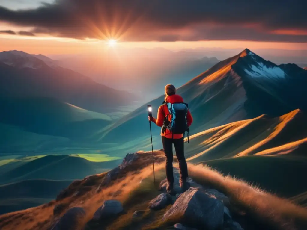 Persona en montaña con paisaje impresionante y LED de señalización para emergencias