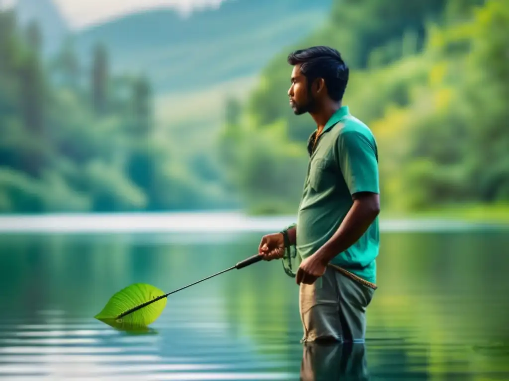 Técnicas pesca supervivencia hispana en un paisaje sereno de naturaleza exuberante con montañas y un lago cristalino