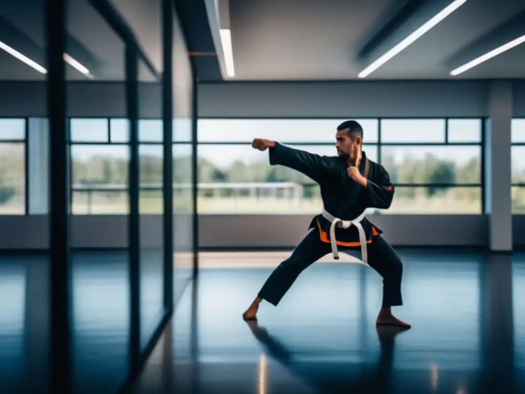 Persona practicando técnicas de defensa personal en un gimnasio moderno