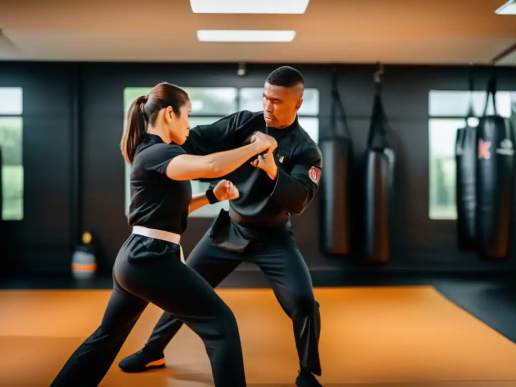 Persona ejecutando técnicas de defensa personal con maestría en un gimnasio profesional bien iluminado