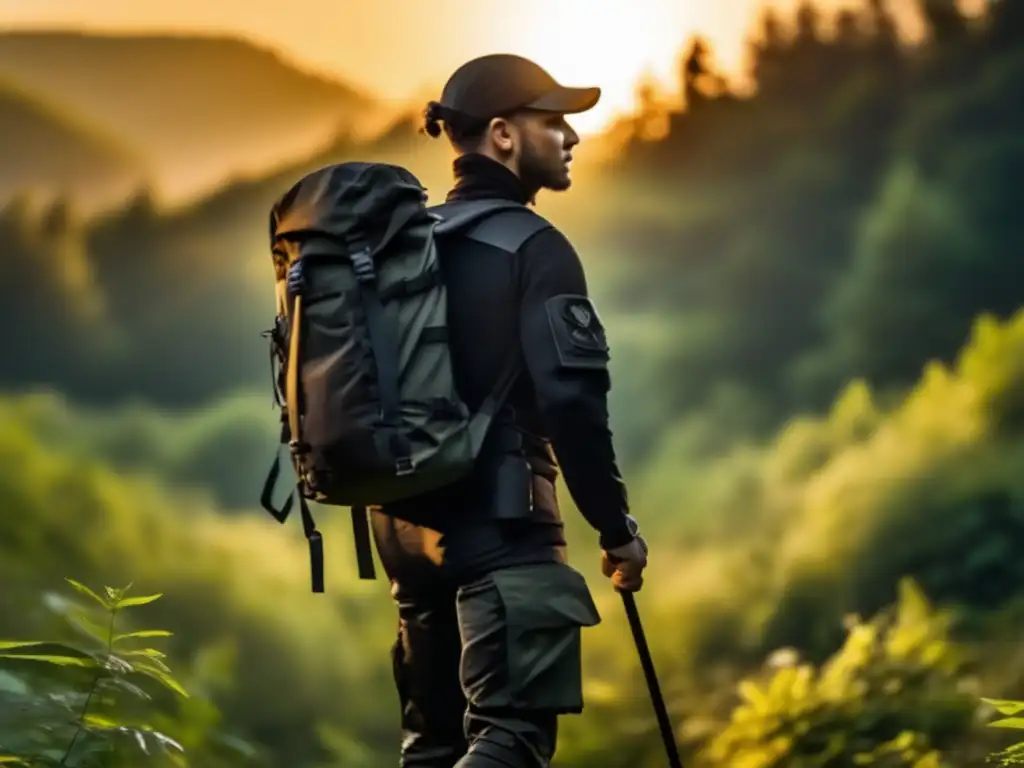 Persona equipada con ropa táctica y mochila, en un bosque misterioso, listo para la huida - Preparación para huida efectiva