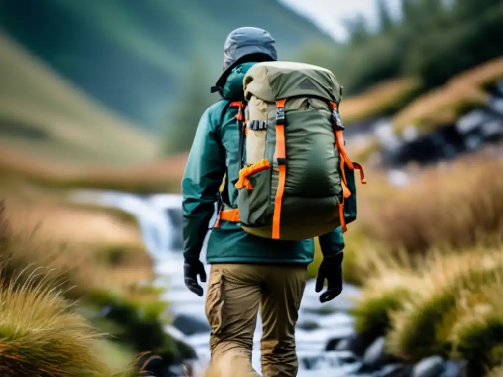 Persona con equipo esencial en mochila de emergencia en entorno natural