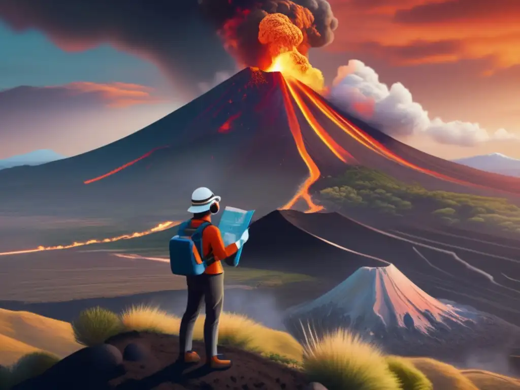 Persona preparada en paisaje volcánico Persona preparada ante erupciones volcánicas en paisaje impactante