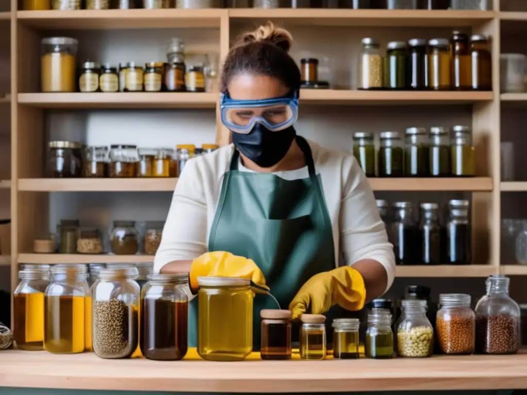 Imagen: Aceite casero para supervivencia - Persona con guantes y gafas de protección, en habitación iluminada con herramientas y equipos necesarios